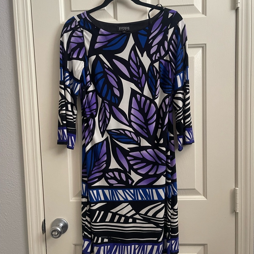 Enfocus Studio Black and Purple Leaf Print Dress